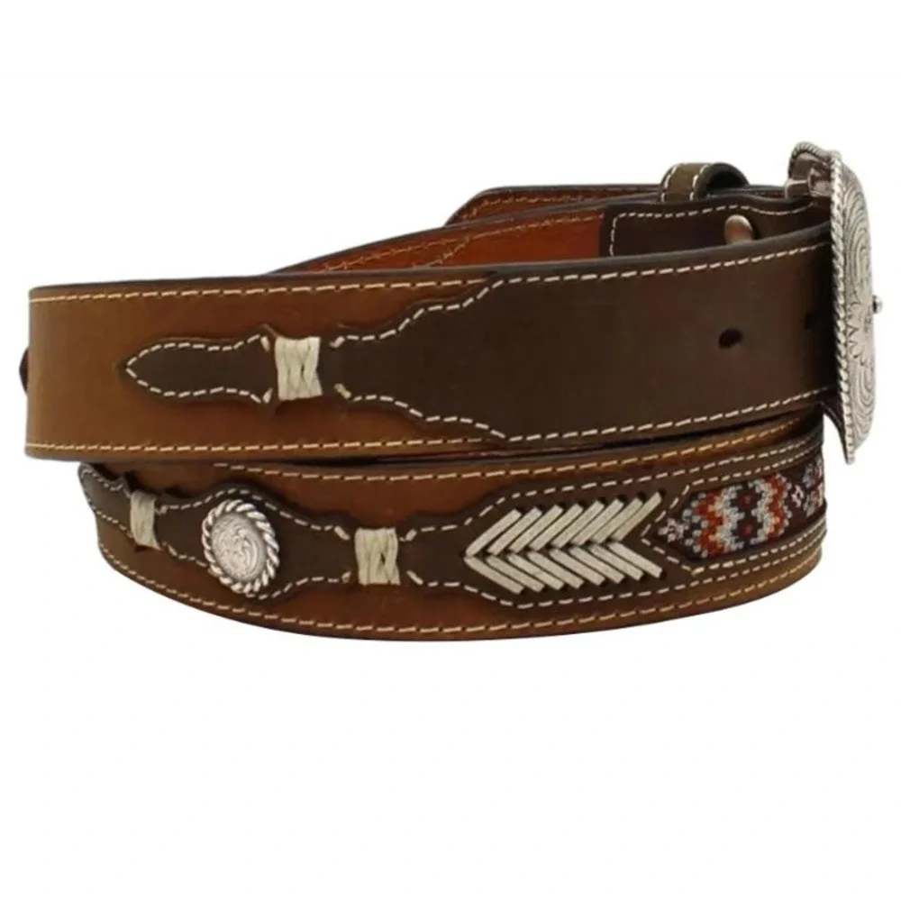 Nocona Aztec Southwestern Leather Belt Men 44 Brown Floral Concho Western NWT